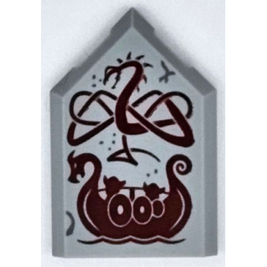 light bluish gray tile modified 2 x 3 pentagonal with dark red dragon and viking ship pattern