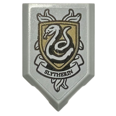 light bluish gray tile modified 2 x 3 pentagonal with black and dark tan hp slytherin house crest pattern sticker - set 76410