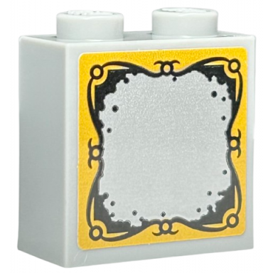 brick modified 1 x 2 x 1 2 3 with studs on side with silver mirror with black and bright light orange ornate framed border pattern sticker - set 76410