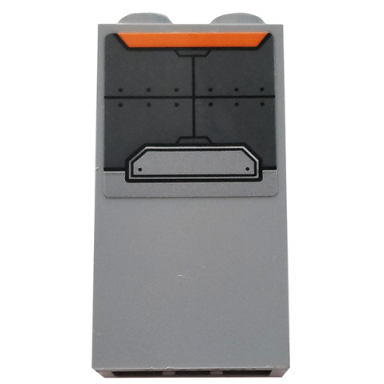brick 1 x 2 x 3 with dark bluish gray armor plates and orange trapezoid pattern sticker - set 76102