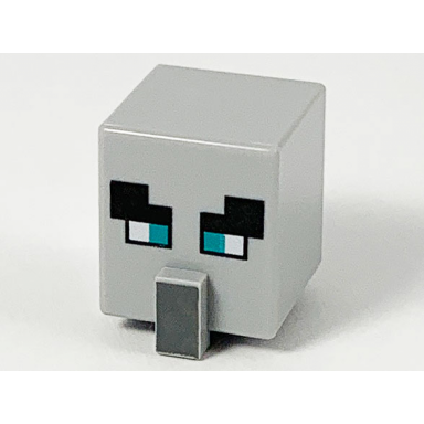 light bluish gray minifigure head modified cube tall with raised rectangle with pixelated black eyebrows dark turquoise eyes and dark bluish gray nose pattern minecraft illager pillager