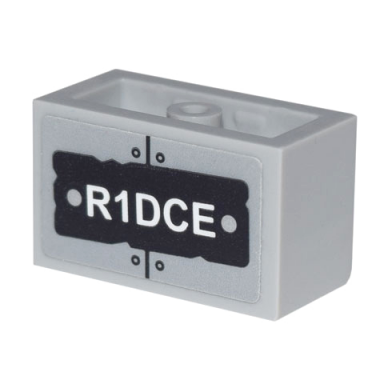 light bluish gray panel 1 x 2 x 1 with rounded corners and 2 sides with r1dce and metal plates and rivets pattern sticker - set 70840
