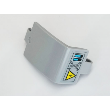 light bluish gray technic panel curved 3 x 5 x 3 with black lightening bolt on yellow triangle and medium blue bars pattern sticker - set 42081