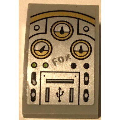 light bluish gray slope curved 3 x 2 with gold and silver flight control panel with buttons gauges fox usb symbol and ports pattern sticker - set 72005
