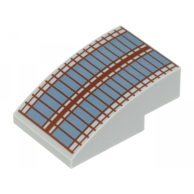 light bluish gray slope curved 3 x 2 with sand blue rectangles and reddish brown lines windows pattern