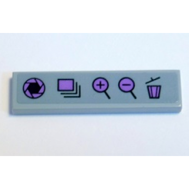 light bluish gray tile 1 x 4 with medium azure and black aperture files zoom and trash symbols pattern sticker - set 41346