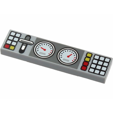 light bluish gray tile 1 x 4 with 2 gauges lever and white red and yellow buttons pattern