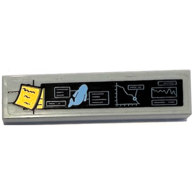 light bluish gray tile 1 x 4 with yellow notes and medium blue minifigure mermaid silhouette and diagrams on black background pattern sticker - set 60096