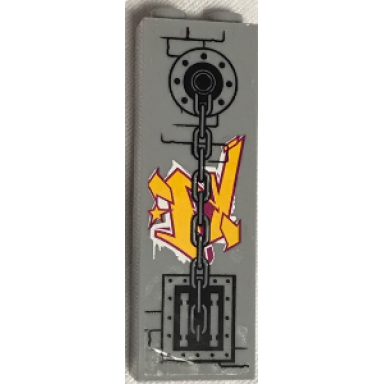 light bluish gray brick 1 x 2 x 5 with chain and light orange and magenta graffiti on brick wall pattern sticker - set 79117