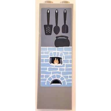 light bluish gray brick 1 x 2 x 5 with kitchen hearth with fire black cooking pot spatulas and spoon pattern sticker - set 41146