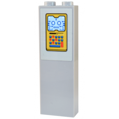 light bluish gray brick 1 x 2 x 5 with gold control panel with bright light blue citybot face and red and blue keypad pattern sticker - set 80036