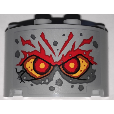 light bluish gray cylinder half 2 x 4 x 2 with 1 x 2 cutout with stone face with red eyes and eyebrows pattern sticker - set 71747
