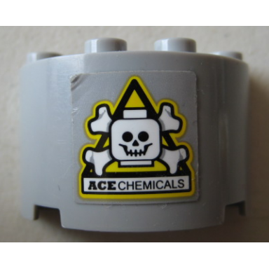 light bluish gray cylinder half 2 x 4 x 2 with 1 x 2 cutout with skull and crossbones danger sign and black ace chemicals pattern sticker - set 70914