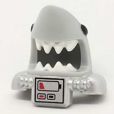 light bluish gray minifigure headgear mask shark head with open mouth with white teeth black eyes metallic silver shoulder pads and front panel and battery pattern