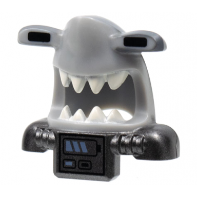 light bluish gray minifigure headgear mask shark head with dark bluish gray back extended eyes white teeth pearl dark gray shoulder pads and front battery panel pattern