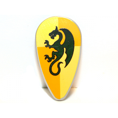 light bluish gray minifigure shield oval with dark green dragon on bright light orange and bright light yellow quarters background pattern