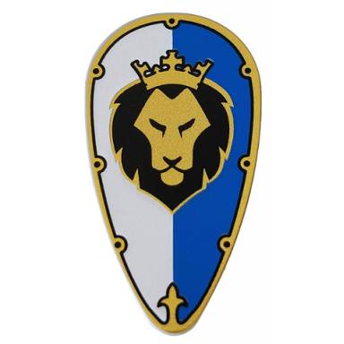 light bluish gray minifigure shield oval with gold and black border and lion head on white and blue background pattern