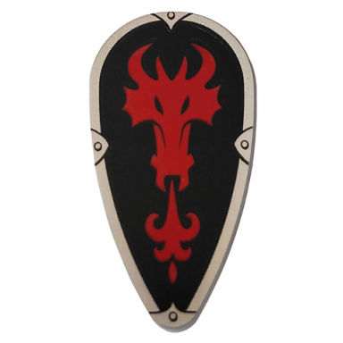 minifigure shield oval with red fire breathing dragon head on black background pattern