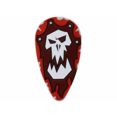 light bluish gray minifigure shield oval with white troll skull on red and dark red background pattern