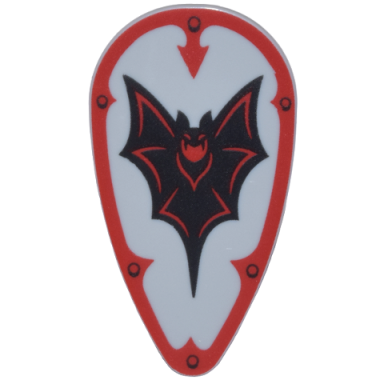 light bluish gray minifigure shield oval with black and red bat and border with arrow and rivets pattern