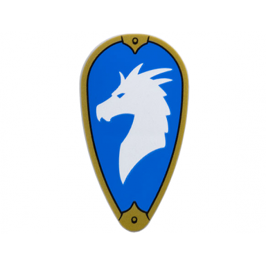 light bluish gray minifigure shield oval with gold border and white dragon head on blue background symbol of bahamut pattern