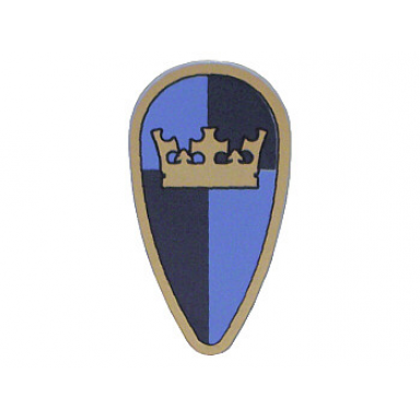minifigure shield oval with gold crown on dark blue medium blue quarters background pattern
