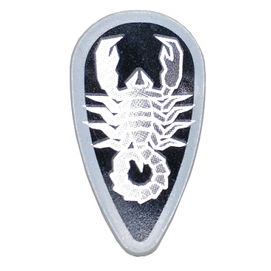 light bluish gray minifigure shield oval with black and silver vladek scorpion with silver border pattern