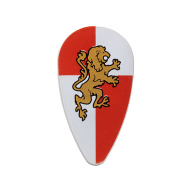 minifigure shield oval with gold lion on red and white quarters background pattern