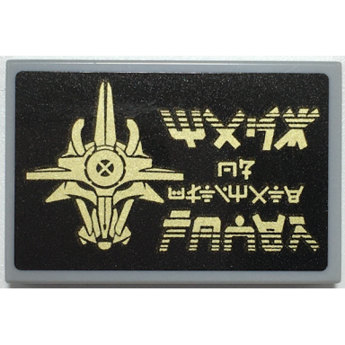 light bluish gray tile 2 x 3 with gold bionicle mask and ninjago logogram mask of ultimate power on black background pattern sticker - set 70657
