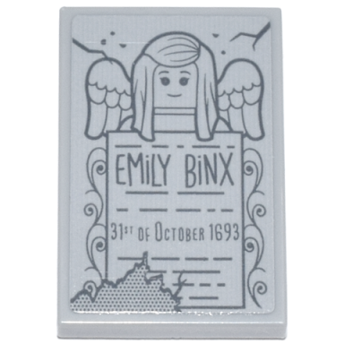 light bluish gray tile 2 x 3 with tombstone with dark bluish gray emily binx 31st of october 1693 and angel minifigure with wings pattern sticker - set 21341