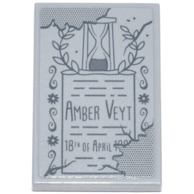 light bluish gray tile 2 x 3 with tombstone with dark bluish gray amber veyt 18th of april and hourglass pattern sticker - set 21341