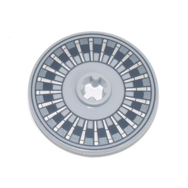 light bluish gray technic disk 3 x 3 with black and dark bluish gray circles with silver spokes pattern