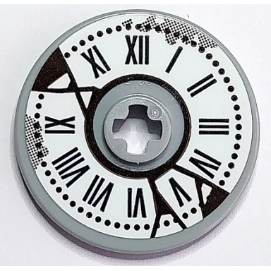 light bluish gray technic disk 3 x 3 with white clock face with black roman numerals and cracks pattern sticker - set 70425
