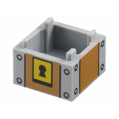 light bluish gray container box 2 x 2 x 1 - top opening with raised inner bottom with medium nougat panels black keyhole on yellow background and rivets pattern super mario treasure chest block