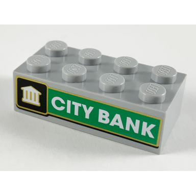 light bluish gray brick 2 x 4 with white bank on black background white city bank on green background pattern