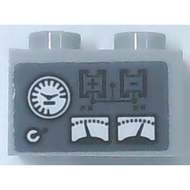 light bluish gray brick 1 x 2 with white speedometer and gauges black battery diagram and plus and minus sign on dark bluish gray background pattern sticker - set 60216