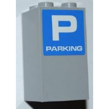 light bluish gray brick 2 x 2 x 3 with white letter p and parking on blue background pattern sticker - set 8186