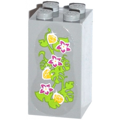 light bluish gray brick 2 x 2 x 3 with 3 magenta flowers 3 yellow gems and leaves on transparent background pattern sticker - set 41033