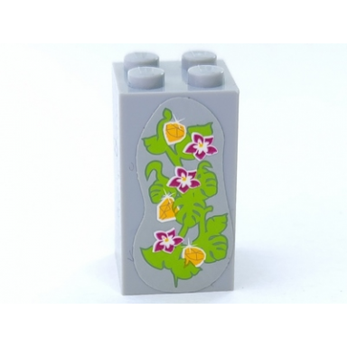 light bluish gray brick 2 x 2 x 3 with 3 magenta flowers 3 yellow gems and leaves on light bluish gray background pattern sticker - set 41033