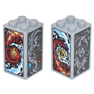 light bluish gray brick 2 x 2 x 3 with red and dark azure flames red and dark azure waves gray dragon lion and phoenix pattern on all sides stickers - set 70627