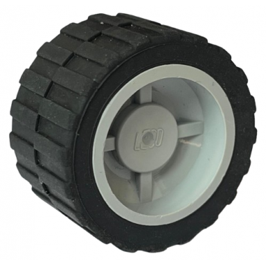 light bluish gray wheel 18mm d x 14mm with black tire 24 x 14 shallow tread 30285 30648