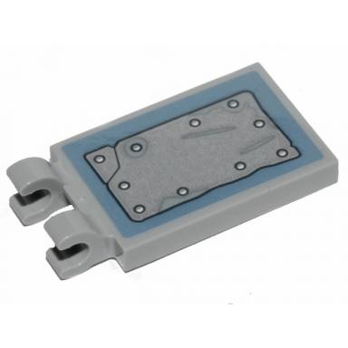 light bluish gray tile modified 2 x 3 with 2 clips with worn metal plate pattern sticker - set 70829