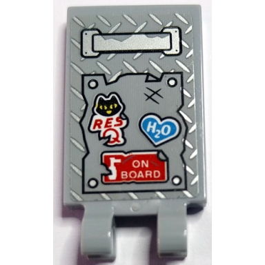 light bluish gray tile modified 2 x 3 with 2 open o clips with silver handle and tread plate black cat face res q dark azure heart with h2o white fire extinguisher and red on board sign pattern sticker - set 70436