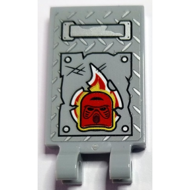 light bluish gray tile modified 2 x 3 with 2 open o clips with silver handle and tread plate red white and gold flames and bionicle mask hau pattern sticker - set 70436