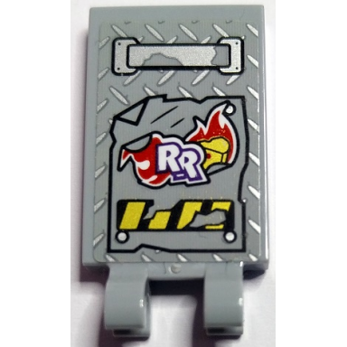light bluish gray tile modified 2 x 3 with 2 open o clips with silver handle and tread plate red flames white rr with dark purple outline and damaged black and yellow danger stripes pattern sticker - set 70436
