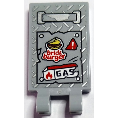 light bluish gray tile modified 2 x 3 with 2 open o clips with silver handle and tread plate white exclamation mark in red warning triangle brick burger flame and gas pattern sticker - set 70436