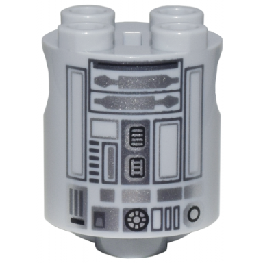 light bluish gray brick round 2 x 2 x 2 robot body with dark bluish gray and silver lines with black detailed center panel and large circle in hexagon pattern r2-bhd
