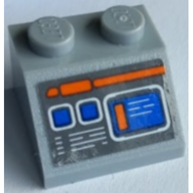 light bluish gray slope 45 2 x 2 with computer screen with blue buttons orange and white lines on dark bluish gray background pattern sticker - set 60227