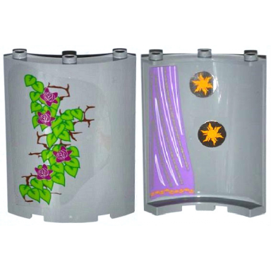 light bluish gray cylinder quarter 4 x 4 x 6 with 2 stars and curtain on inside and 4 magenta flowers leaves and brick wall on outside pattern stickers - set 41054
