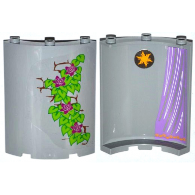 light bluish gray cylinder quarter 4 x 4 x 6 with star and curtain on inside and 4 magenta flowers leaves and brick wall on outside pattern stickers - set 41054